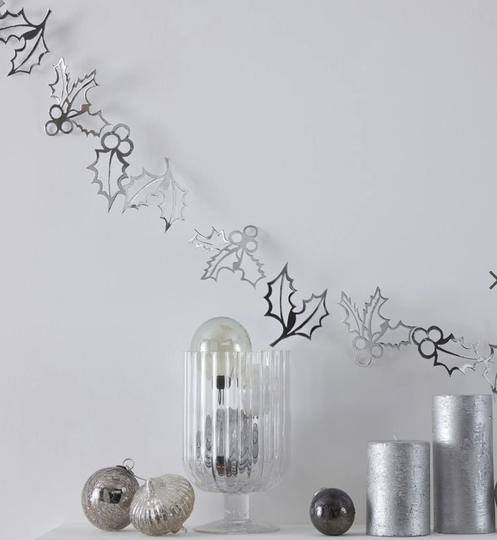 Silver Holly Christmas Decorations, Garland, Festive Holiday Season Bunting, Bunting