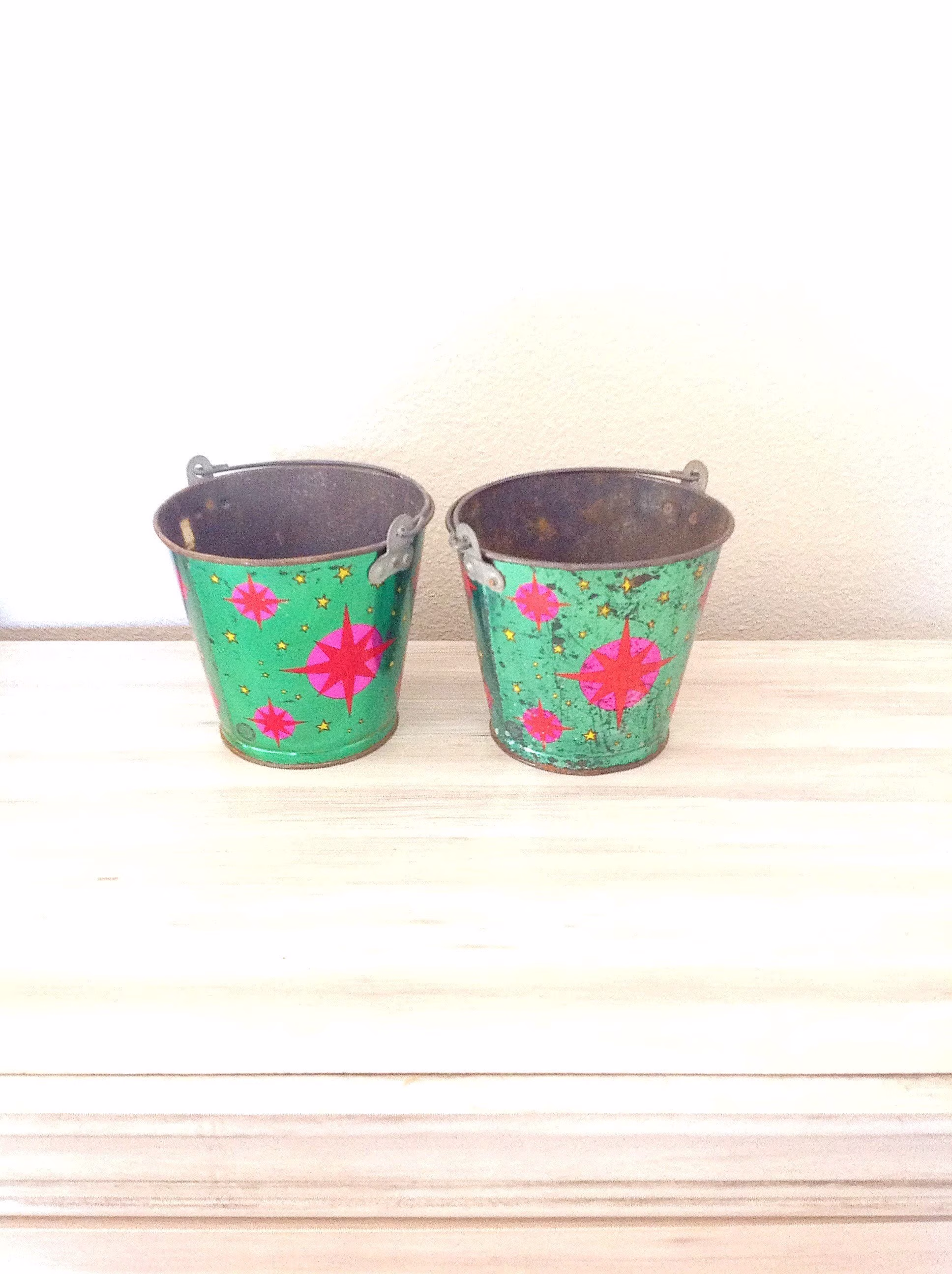 Set Of Two Vintage Sand Pails By Ohio Art - Green Buckets, Beach Toys, Metal Collectible Childrens Outdoor