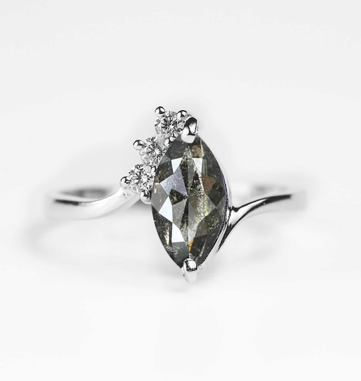 Salt & Pepper Diamond White Stimulant Ring | Bridal Art Deco Minimalist Marquise Grey Vintage For Her
