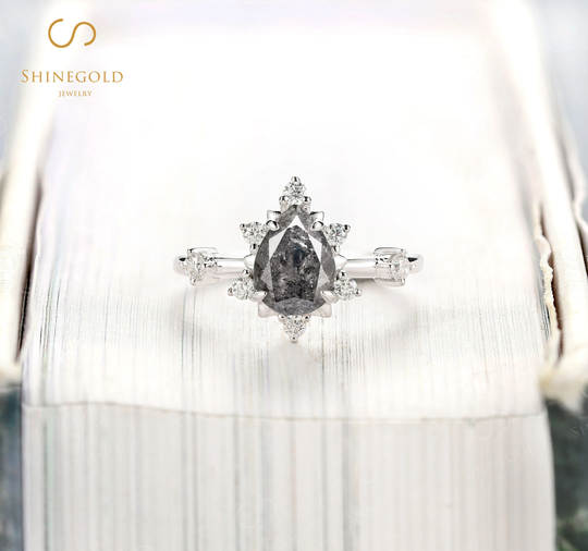 Unique Salt & Pepper Diamond Engagement Ring Vintage White Gold Round Cut Bridal Art Deco Moissanite Anniversary