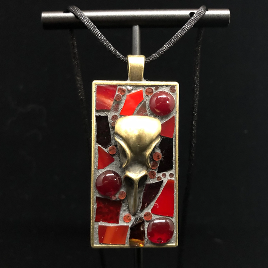 Micro Mosaic Pendant Rectangle Red Raven Skull