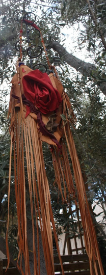 Showdiva Designs Asymmetrical Larger Leather Medicine Bag Purse Long Fringe N Beads N Hand Sculpted Flower