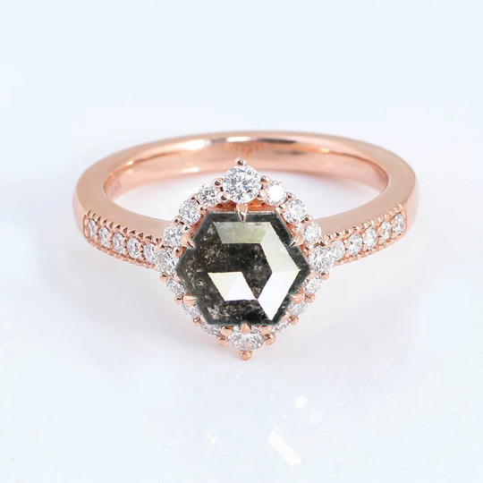 Salt & Pepper Diamond Cluster Ring | Unique Hexagon Cut Grey Vintage 9K/14K/18K Solid Rose Gold Or Platinum