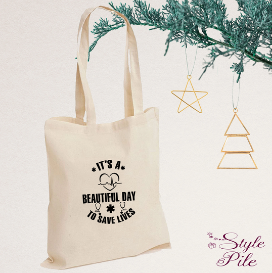 It's A Beautiful Day To Save Lives Tote Bag, Greys Anatomy Inspired Tote, Nurse Shopping Reusable Grey Sloan Dr Christmas