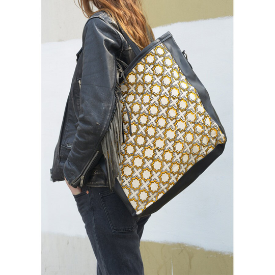 Canvas Tote Bag - Organic Cotton Yellow & Black Geometric Screen Printed By Hand