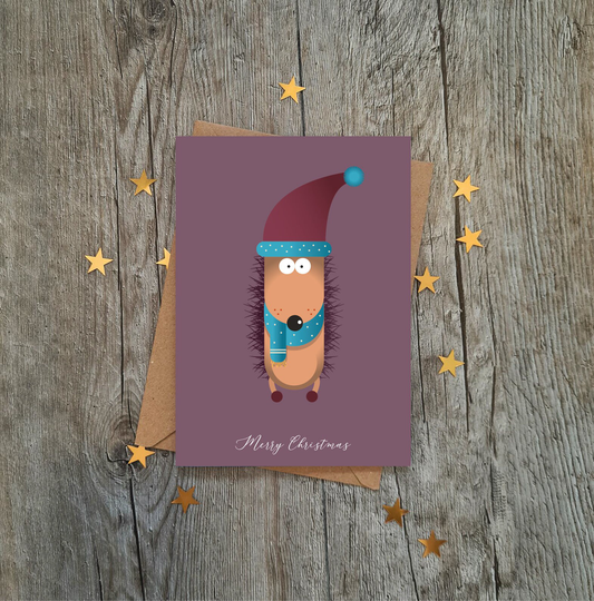 Cute Purple Hedgehog Christmas Card | Merry Xmas Holidays Luxury Seasons Greetings Dog Snowman Reindeer Santa