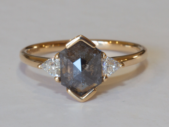Geometric Salt & Pepper Diamond Trilliant Diamonds Engagement Ring, Unique Hexagon Grey Galaxy Ring - Trillare