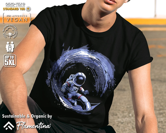 Surfing in Space Organic Cotton T-Shirt Astronaut Surf Moon Area 51 Ufo Alien Invasion P027 | Mens, Womens & Kids Sizes