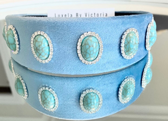 Light Blue Headband Powder Crystal Gem Silver Turquoise