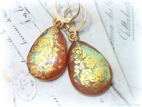 Peachy Pink Hand Painted Floral Earrings Made Of Jewelers Grade Resin & Cosmetic Mica Powder, Teardrops With Tiny Roses