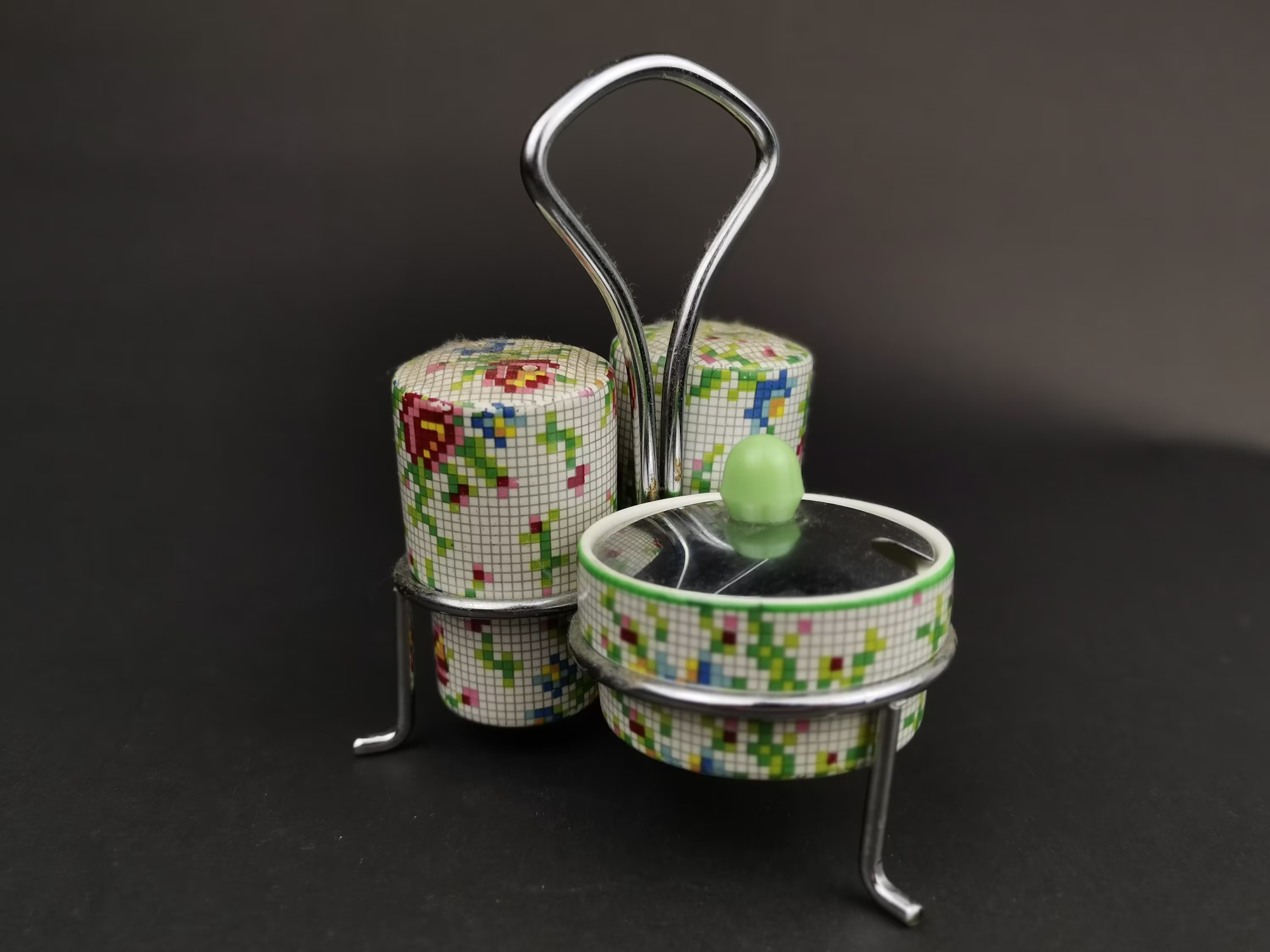Vintage Ceramic Cruet Set in Silver Chrome Metal Stand Salt & Pepper Shakers Mustard Honey Pot Jar 1940's - 1950's Multicolored