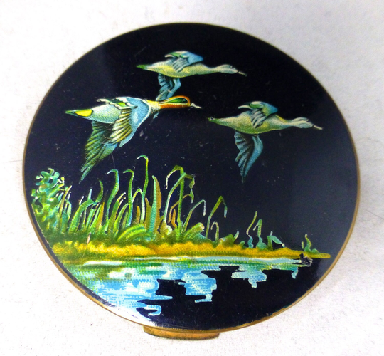 stratton Flying Ducks Vintage Powder Compact/Make-Up Mirror - Gold Metal & Black Enamel Original Velvet Pouch Retro Handbag Accessory