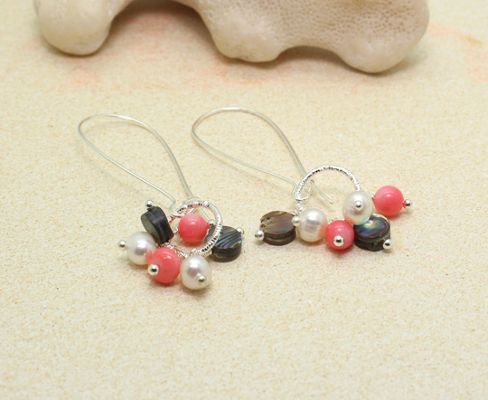 Abalone Pearl Coral Dangle Earrings/Beachy Boho Long Tropical Beach Wedding