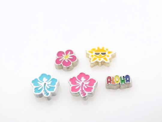 Set Of Tropical Aloha Hawaii Themed Locket Charms Floating Accessory Colorful Charms, Flower, Aloha, Hibiscus, Sunshine