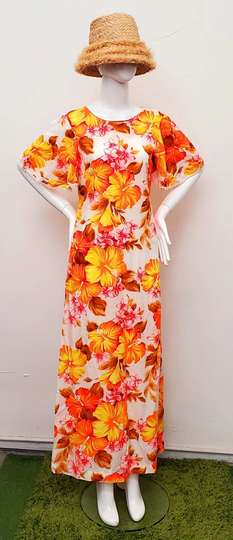 Vtg 70S Flutter Sleeve Hawaiian Hibiscus Maxi Dress