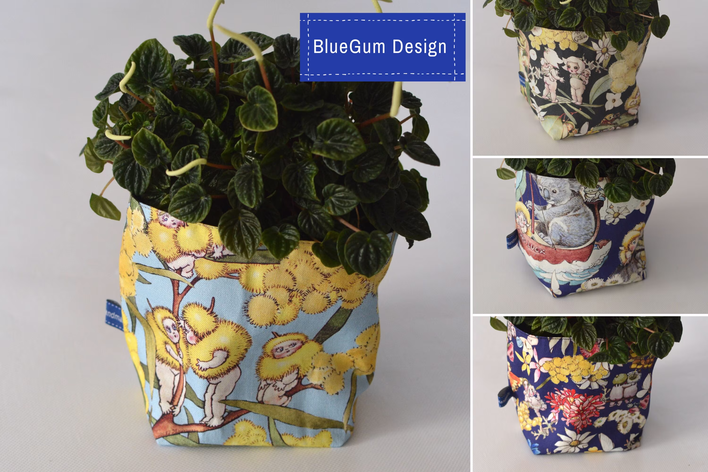 May Gibbs Fabric Pot Plant Holder, Storage Basket, House Warming Gift, Waterproof Lining - Bluegum Deisgn