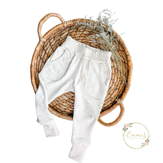 Organic French Terry, Joggers, Joggers With Pockets, Faux Drawstring, Oatmeal Colored Bottoms