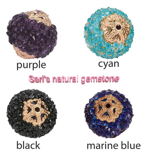 2 Resin Rhinestone Beads With Polymer Clay, Glitter Powder & Alloy Findings, Round, Cyan, Purple, Black, Marine Blue, Size 20, Hole 1.5mm