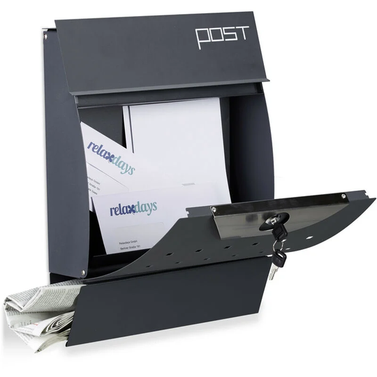 Relaxdays Design Mailbox with Newspaper Holder, Powder-Coated, HxWxD: 37.5 x 35 x 10.5 cm, Wall Letterbox, Gray