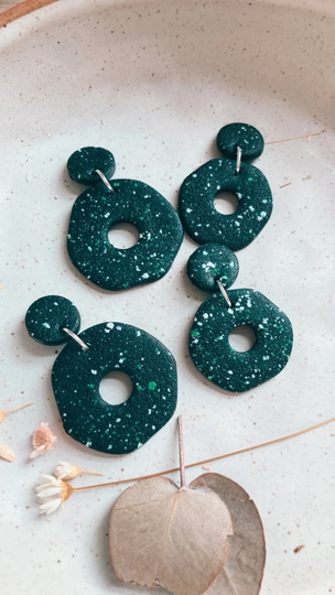 Textured Organic Donuts in Black With Speckled White & Green | Polymer Clay Colourful Statement Earrings Gifts For Her