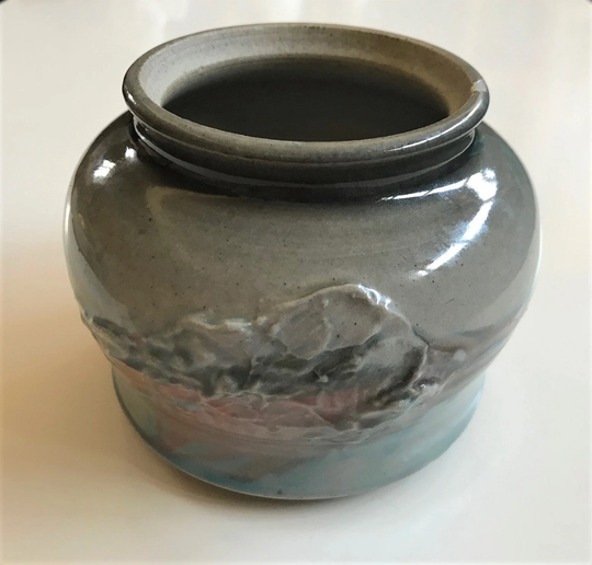 Small Art Pottery Planter/Vase, Art Nouveau Style, Artist Signed, Pink, Grey & Blue