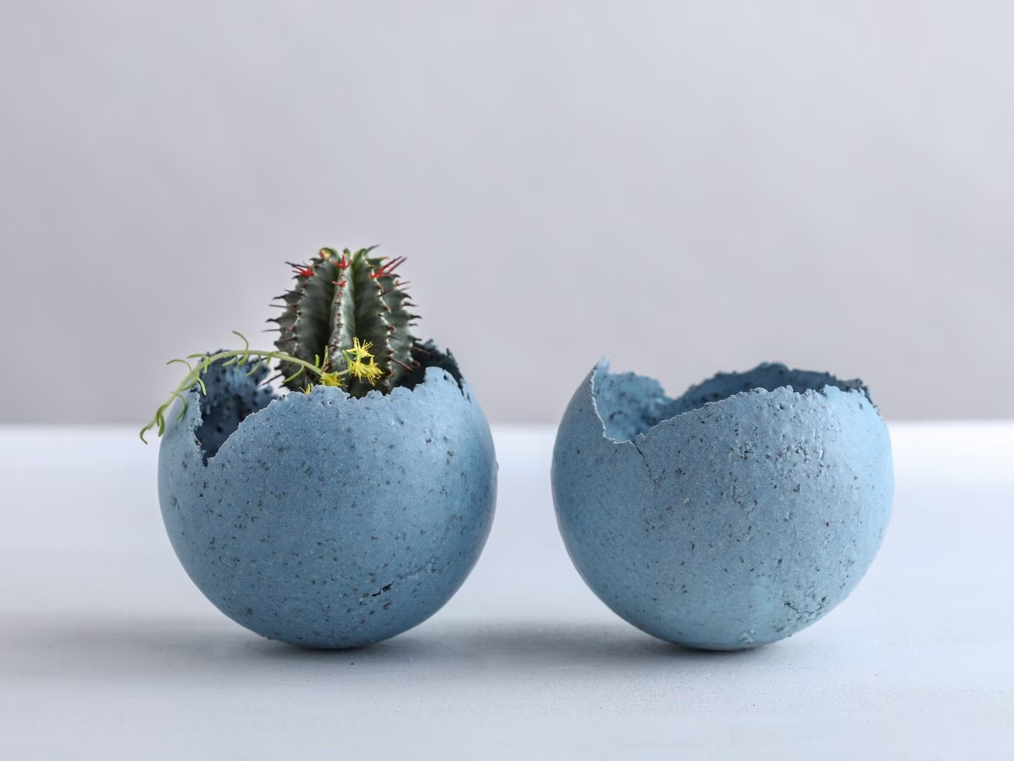 Set Of 2 Small Grained Light Blue Ceramic Planters | Contemporary Candle Holders