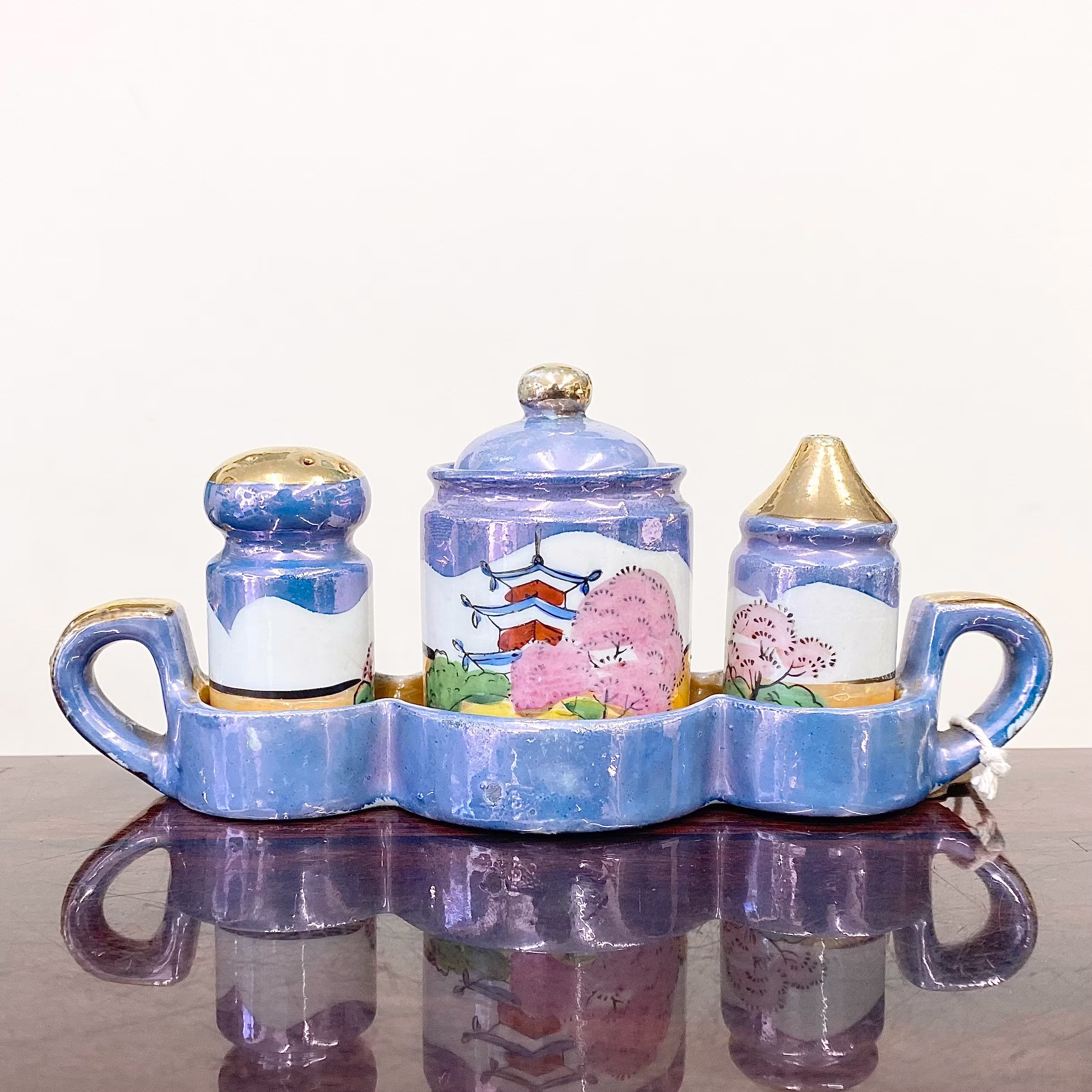 Vintage Japanese Lustreware Glazed Blue & Gold Ceramic Cruet Set & Spoon With Salt, Pepper Mustard Pot