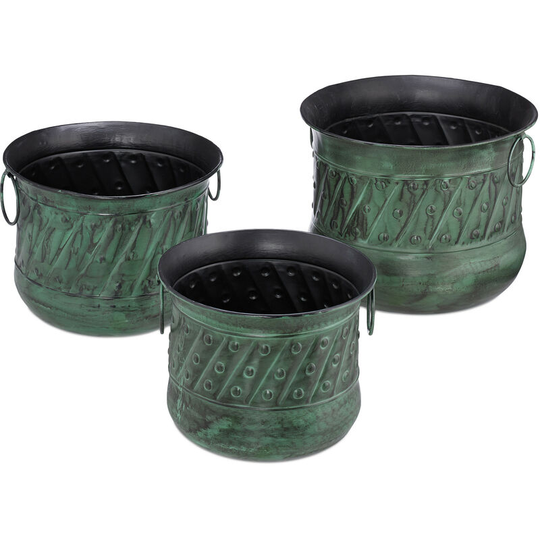 Relaxdays - Set of 3 Antique Plant Pots, Decorative Planter, Handles, Planter, Vintage, Stackable, Iron, Green