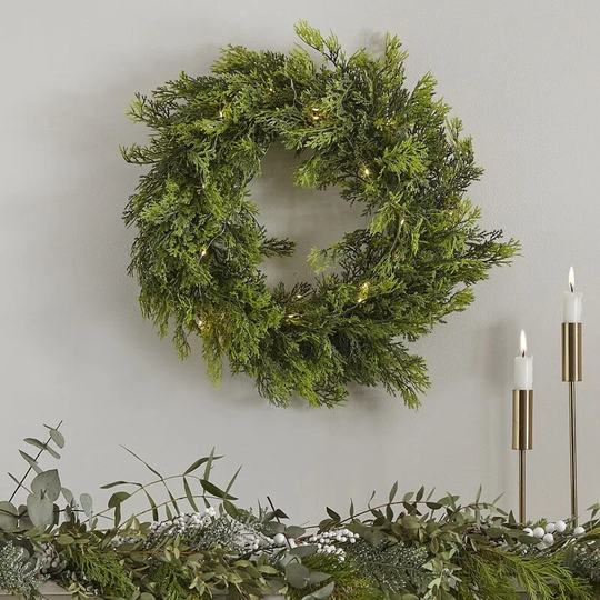 Pre-Lit Pine Christmas Wreath, Front Door Traditional Christmas, Cedar Holiday Season