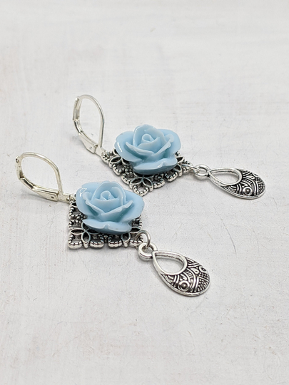 Earrings, Vintage, Powder Blue, Silver, Rose, Nostalgic, Bridal, Wedding, Bride, Prom, Flower, Romantic, Bridesmaids, Vividcolors