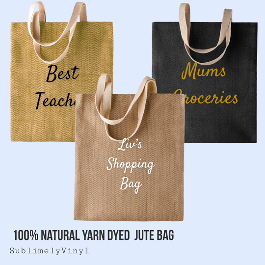 Personalised 100% Organic & Biodegradable Natural Yarn Dyed Jute Bag, Shopper, Day Bag, Gift For Her, Hun, Unisex, Teacher