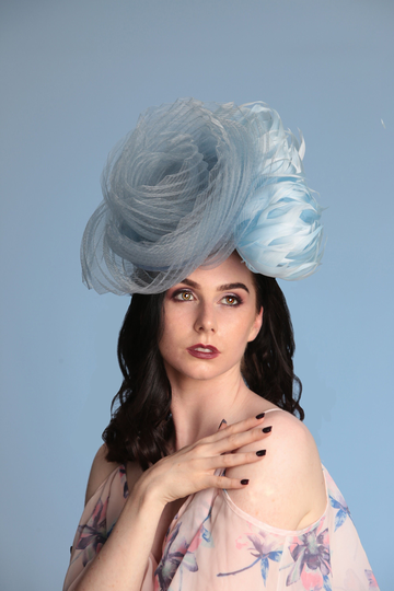Baby Blue, Powder Blue & Cornflower Feather Flower & Crin Percher Saucer Fascinator Hat