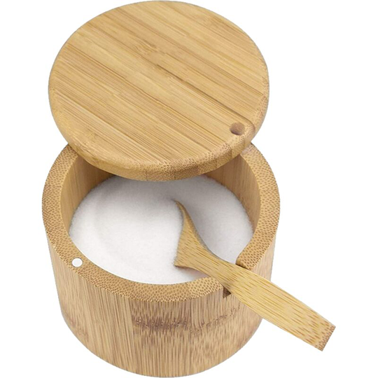 Fvbjd - Premium Bamboo Salt Container, Salt Cellar with Magnetic Swivel Lid - Salt Box with Spoon Round Seasoning Jar + Side Long Spoon