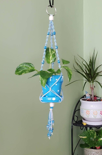 Blue Skies Polka-Dot Beaded Macrame Plant Hanger, with Hand-Painted Clay Pot & Saucer Drip Tray, Sky With White Polka-Dots