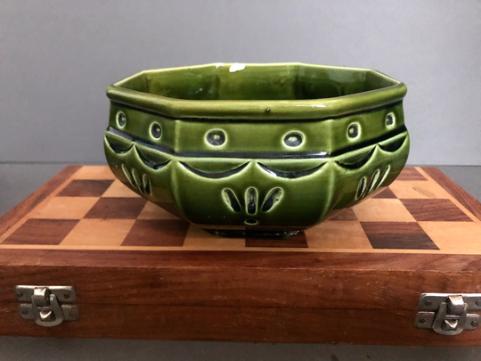 Antique Green Majolica Plant Pot, Thomas Forester Octagonal Shallow Planter