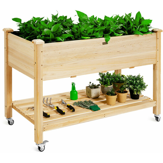 Costway - Raised Garden Bed, 2 Tiers Wooden Elevated Planter Box with Lockable Wheels, Liner and Drain Holes, for Vegetables Flowers Herbs, 120 x 59