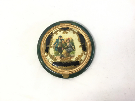 Antique Bakelite Powder Compact Case - Romantic Colonial Couple Mirrored Sifter & Applicator Puff Makeup Mirror
