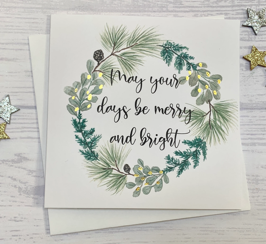Pack Of Christmas Cards. Beautiful Hand Foiled & Embellished Wreaths Surrounding Seasonal Messages. Luxury Cards