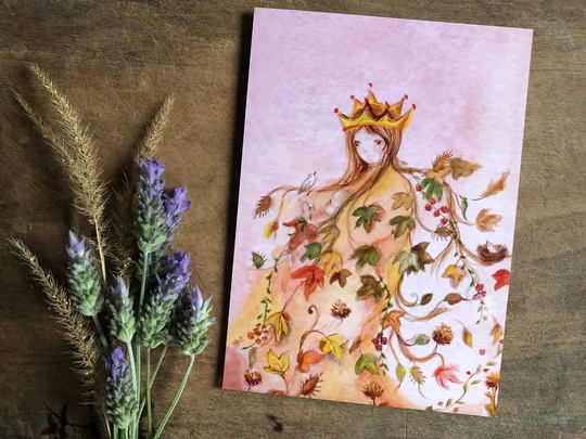 Greeting Card With Envelope - Blank Autumn Queen Mother Fall Season Lady Birthday Card 5x7 Inches