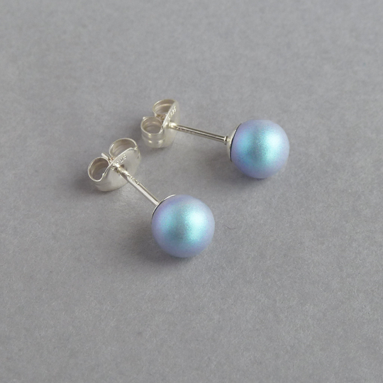 6mm Pale Blue Stud Earrings - Small Iridescent Light Swarovski Pearl Studs Powder Glass Post Jewelry For Women