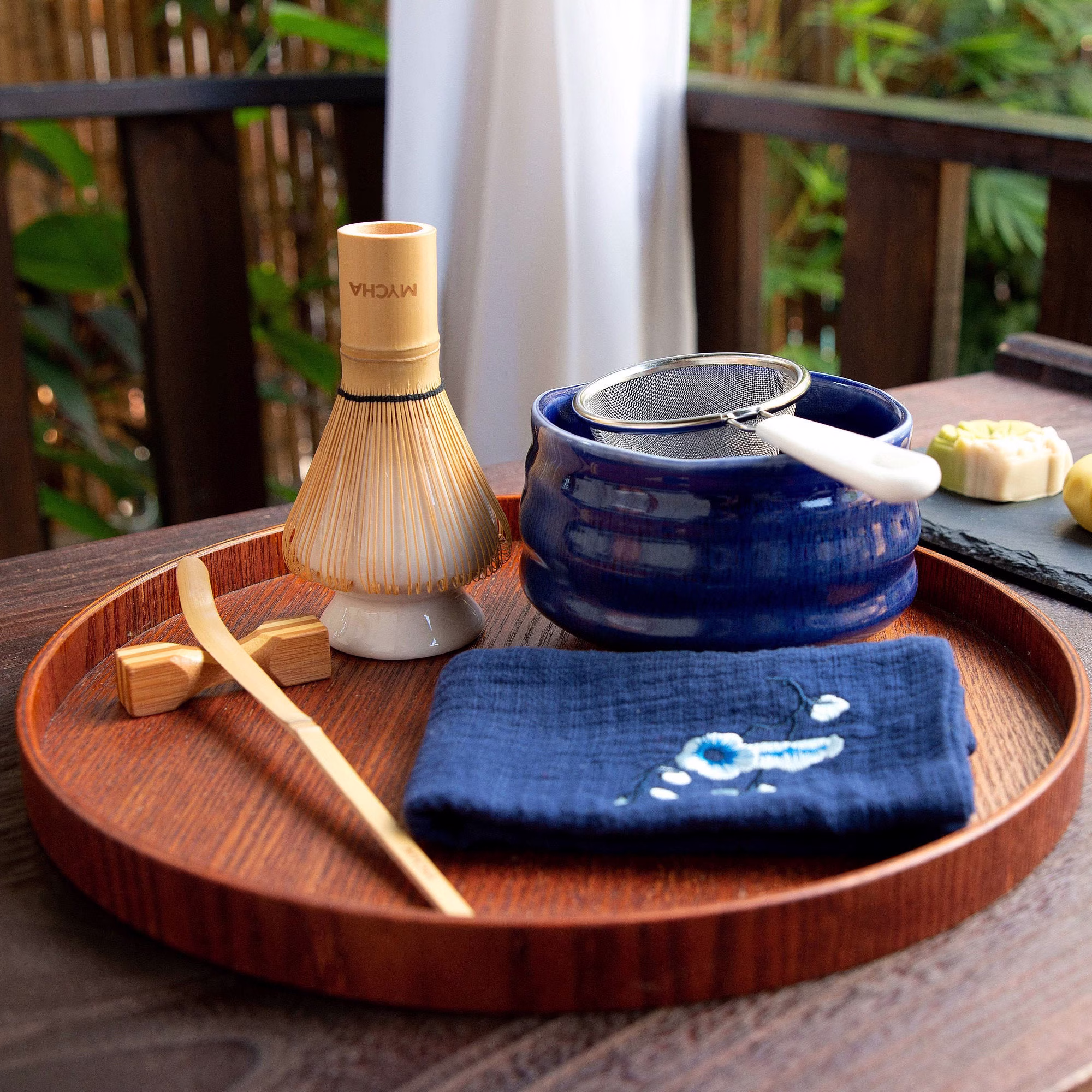 Handmade Matcha Bowl Gift Set With Bamboo Whisk, Whisk Holder, Tea Scoop, Scoop Holder, Stainless Sifter, Tea Cloth, Tea Tray