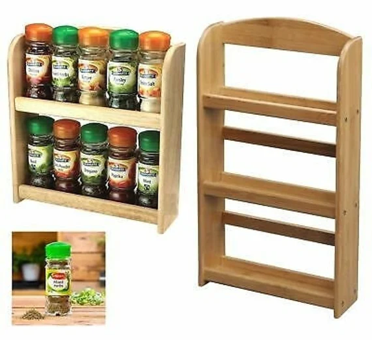 2 & 3 Tier Wooden Spice Rack Herb Holder Spices Jars Stand Unit Kitchen Storage