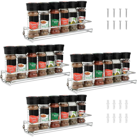 Chrome Wall Mounted Spice Rack (Set of 4) - Spice and Herb Rack for Kitchen Walls and Single Tier Cabinets