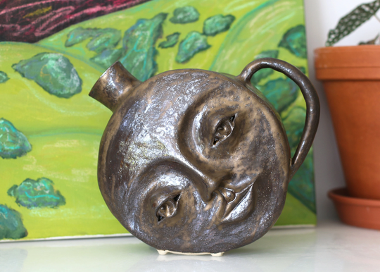 Ceramic Moon Face Large Pitcher Vase, Round Sculpture, Gold Bronze Glaze, Statue. Handmade Stoneware Home Decor, Golden, Metallic