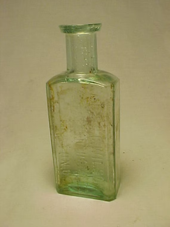 C1890S B. O. & G. C. Wilson Botanic Druggists Boston, Mass., Aqua Blown Glass Cork Top Medicine Bottle, Country Primitive Decor