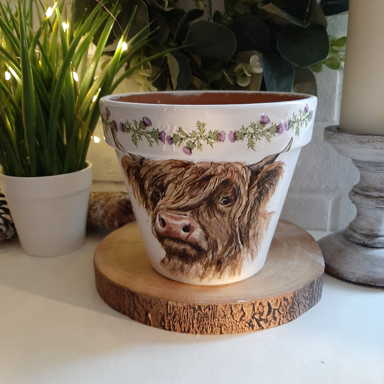 Highland Cow Hand Painted & Decoupaged Terracotta Flower Pot. Matching Items Available