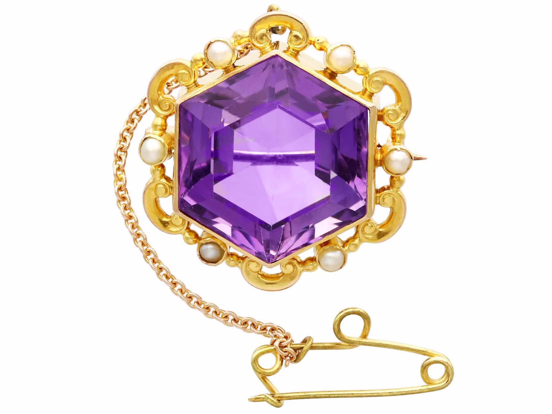 Antique 12.50 Carat Amethyst & Seed Pearl 15K Yellow Gold Brooch Circa 1890