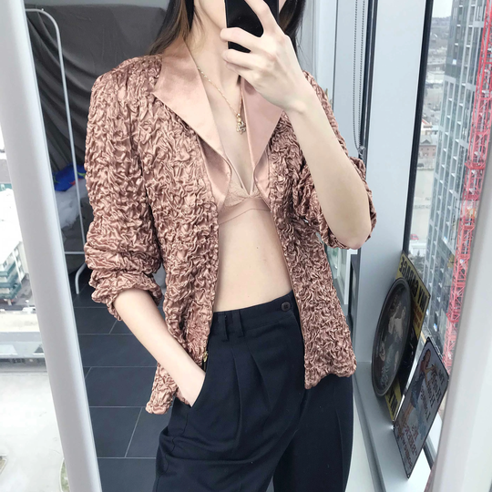 90S Rose Gold Stretchy Crinkle Jacket/Vintage Mid-Season Size Medium Large