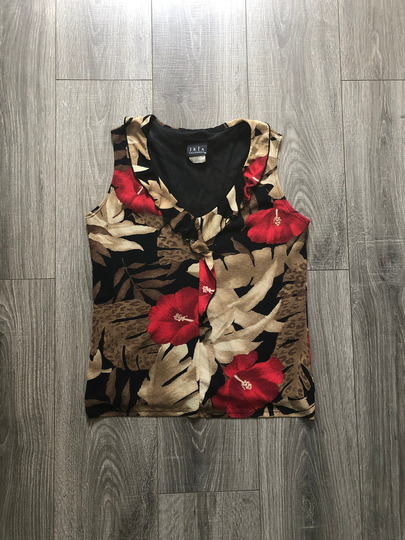Vintage Funky Printed Tank Top With Ruffle Details, 90's/Early 2000's Cheetah Print & Hibiscus Top, Hawaiian Women's
