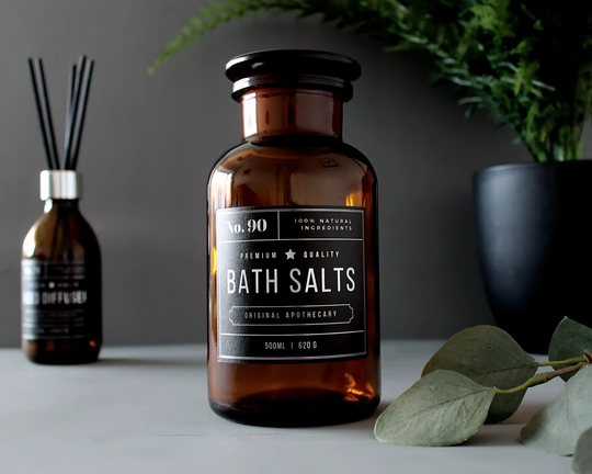 Amber Glass Apothecary Bath Salts Jar 500Ml | 16Oz With Silver & Black Designer Decal Vintage Urban Industrial New York